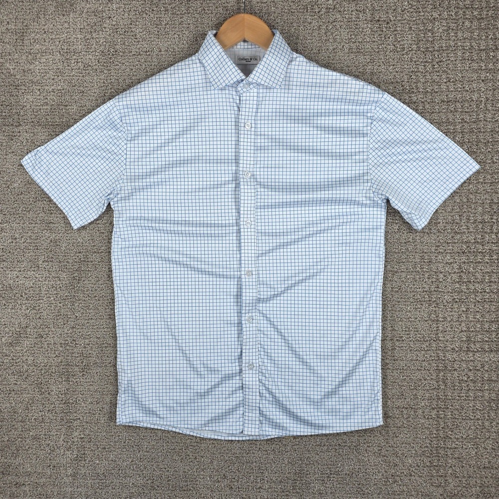 Collars & Co Mens Medium Short Sleeve Button Down Shirt Blue White‎ Grid Check